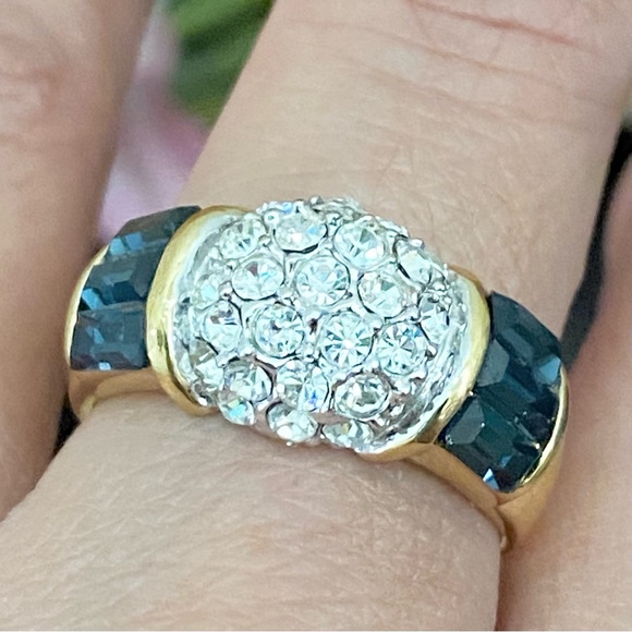 Vintage CZ Stone with Blue Baguette Gold-plated Ring Size 9 - Picture 7 of 14